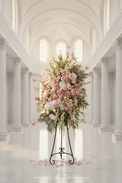Grand cascade blush sympathy standing arrangement on black easel in bright white chapel interior with golden light – SweetPetals premium pink rose hydrangea orchid funeral tribute New York