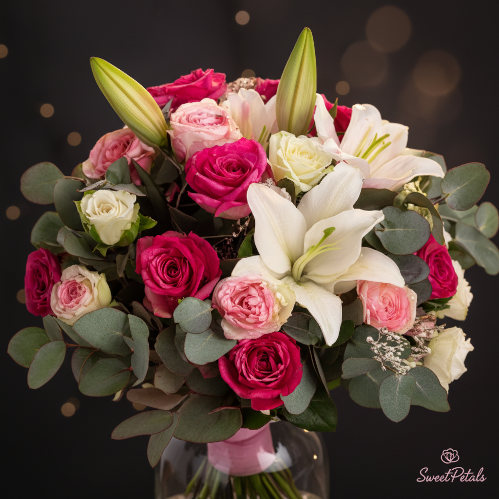 Close-up of hot pink roses and white oriental lilies in blossom romance vase – SweetPetals luxury floral arrangement
