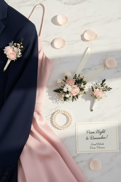 Flat lay blush rose corsage and boutonniere set with navy tuxedo and pink gown on marble – SweetPetals luxury prom flower delivery