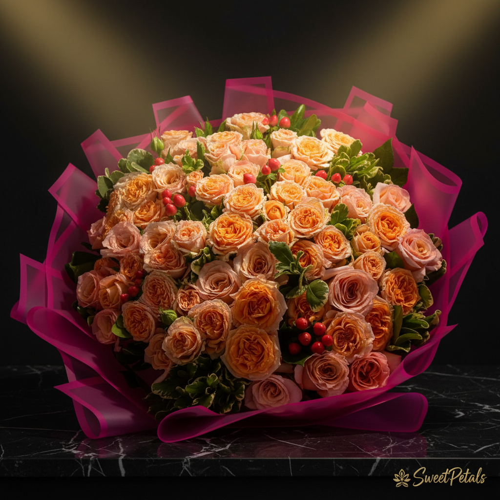 Close-up of peach-orange and blush pink spray roses with red hypericum berries in hot pink wrap on dark marble – SweetPetals peach pink dome luxury bouquet