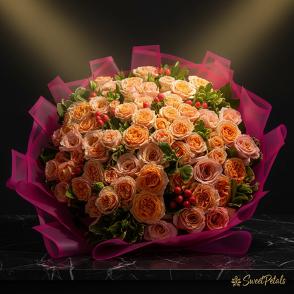 Close-up of peach-orange and blush pink spray roses with red hypericum berries in hot pink wrap on dark marble – SweetPetals peach pink dome luxury bouquet