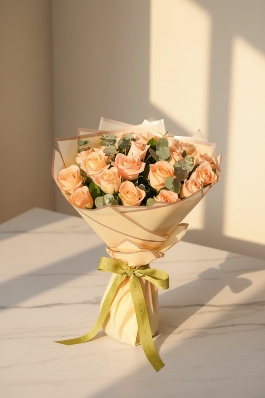 Peach rose bouquet with eucalyptus golden hour marble lifestyle editorial – SweetPetals NYC florist