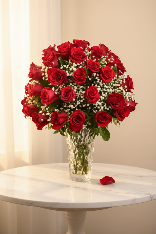 50 scarlet roses in crystal vase golden hour marble lifestyle editorial – SweetPetals NYC florist