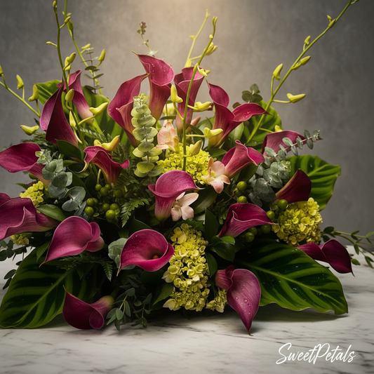 Close-up of deep magenta purple calla lilies chartreuse hydrangea pink alstroemeria and green hypericum berries on white marble – SweetPetals midnight garden luxury calla lily arrangement