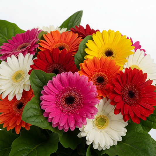 Close-up of vibrant mixed gerbera daisies bouquet — pink orange red yellow blooms by SweetPetals