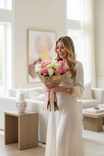 Woman receiving pink and white rose bouquet in luxury home — SweetPetals flower delivery gift USA