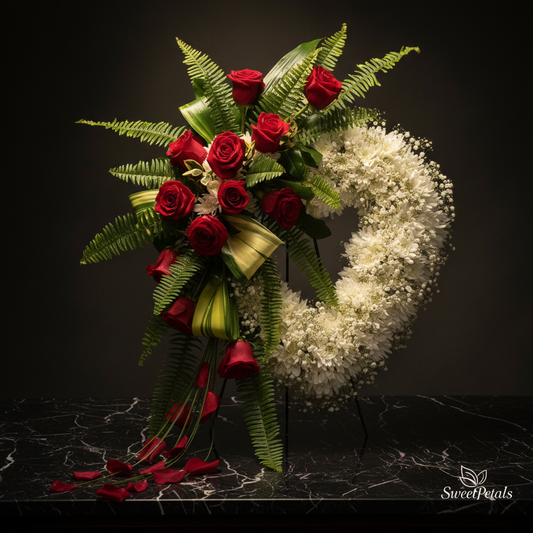 Close-up of white chrysanthemums baby's breath and deep red roses with sword ferns in sympathy wreath cascade on dark marble – SweetPetals white wreath red rose cascade funeral tribute