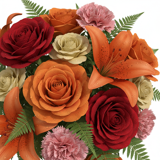 3D close-up of orange roses and pink carnations – SweetPetals luxury flower delivery NYC