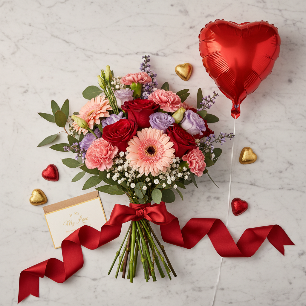 Luxury mixed flower bouquet gift set with heart balloon, ribbon and chocolates - SweetPetals NYC romantic flower delivery