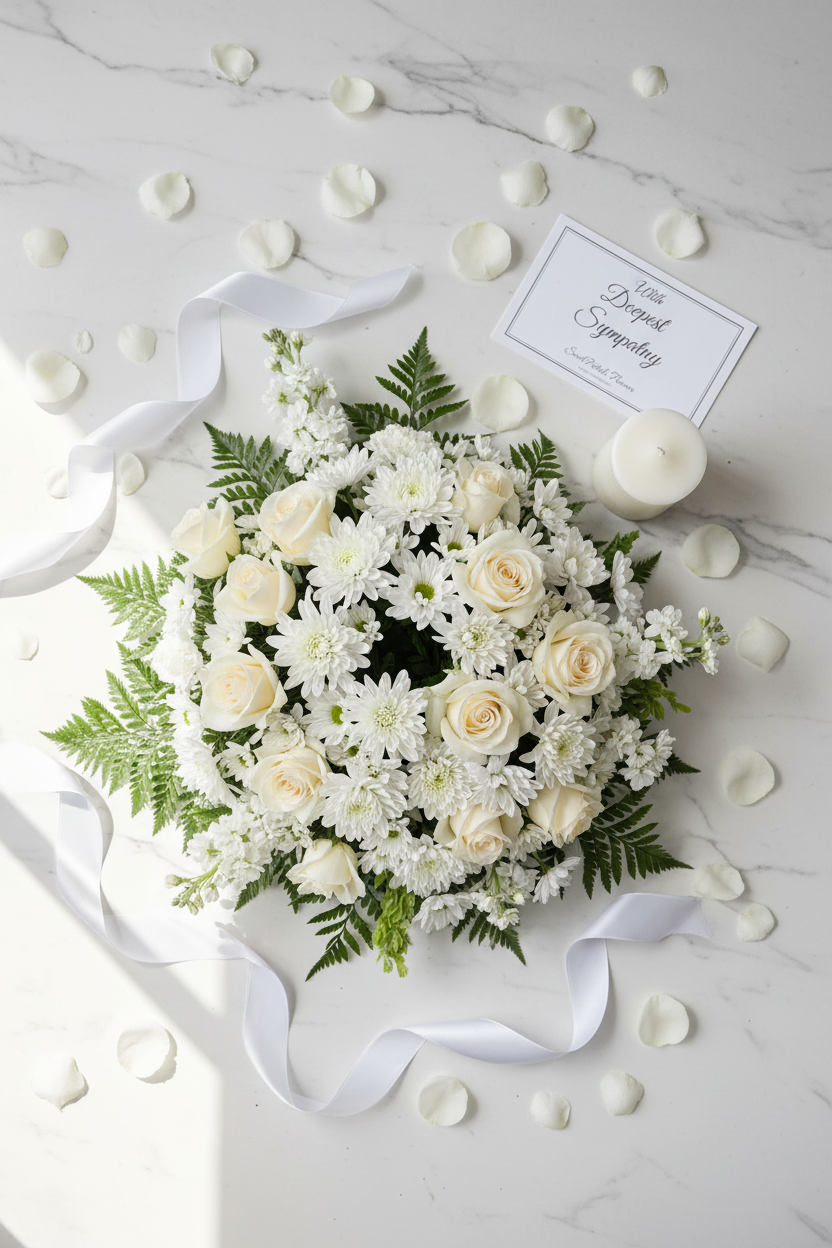 Flat lay all-white sympathy floral arrangement with candle and condolence card on marble – SweetPetals funeral flowers