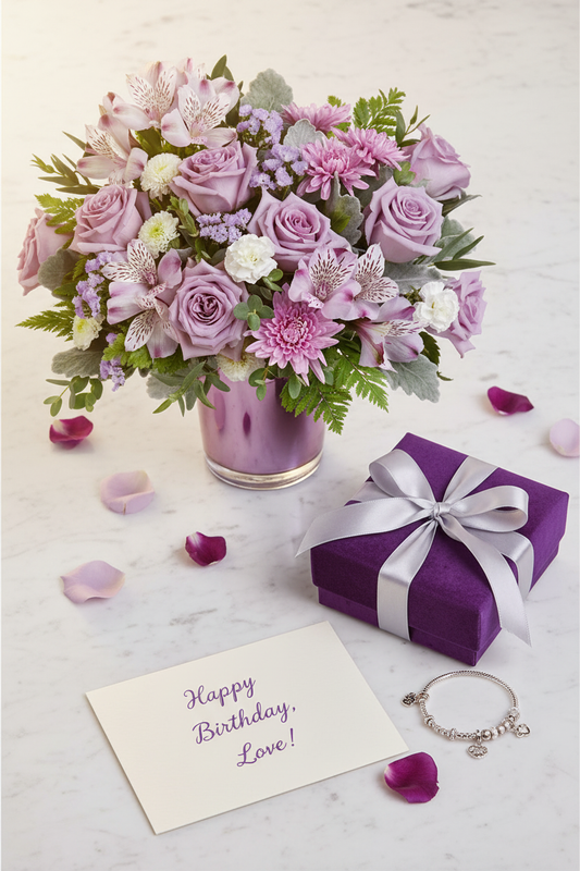 Flat lay lavender dream metallic vase arrangement with purple velvet gift box and silver bracelet on marble – SweetPetals luxury lavender rose purple alstroemeria birthday gift delivery New York
