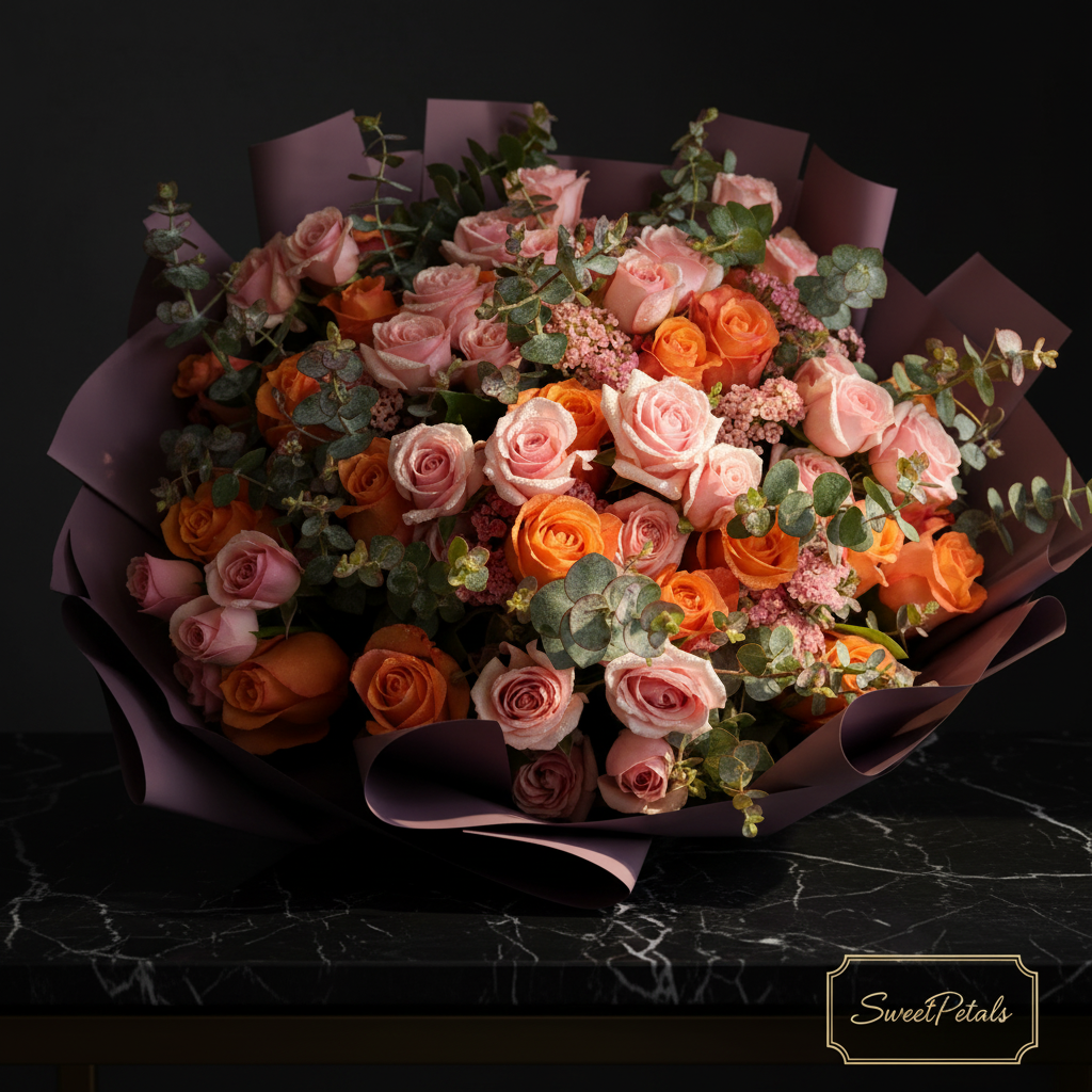 Close-up of blush pink roses orange spray roses and eucalyptus in purple wrap on dark marble – SweetPetals sunset blush luxury bouquet