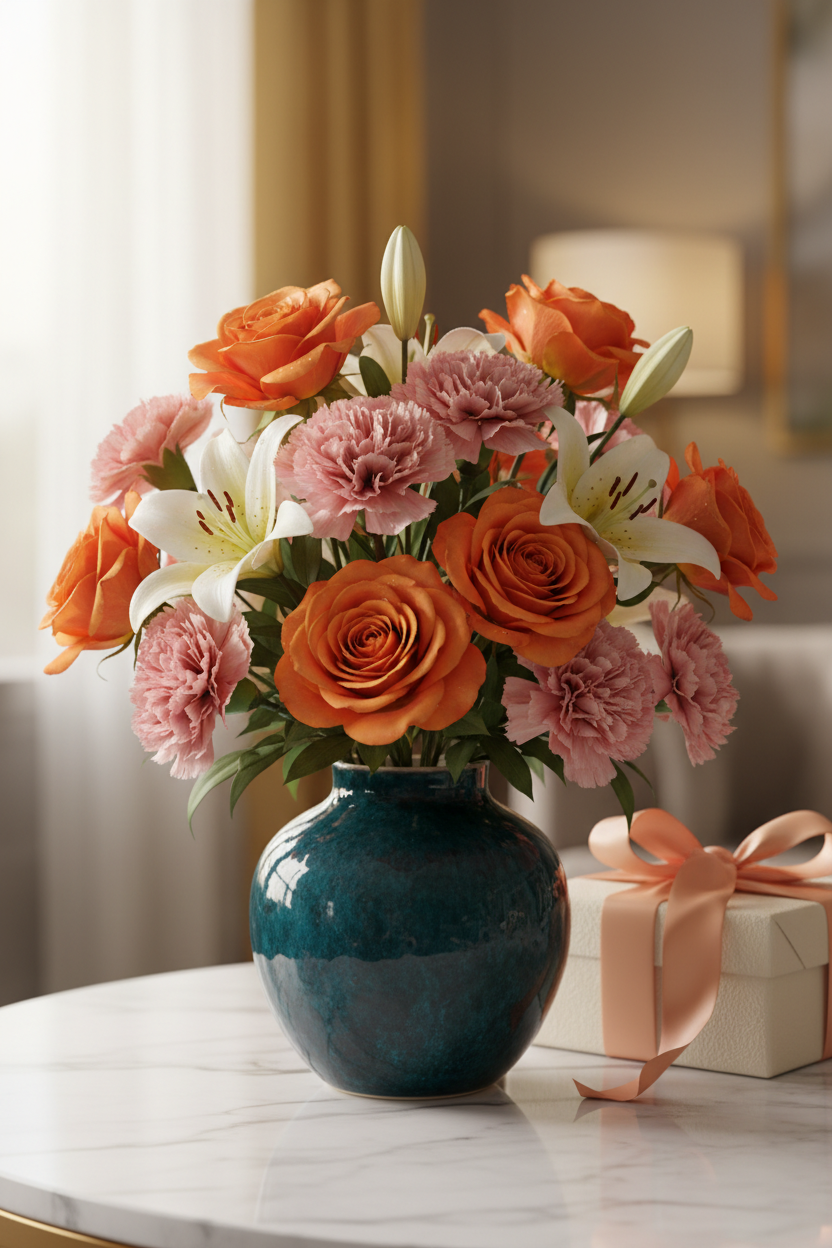 3D lifestyle render of Sunset Blooms bouquet on marble table – SweetPetals premium flowers Brooklyn Manhattan