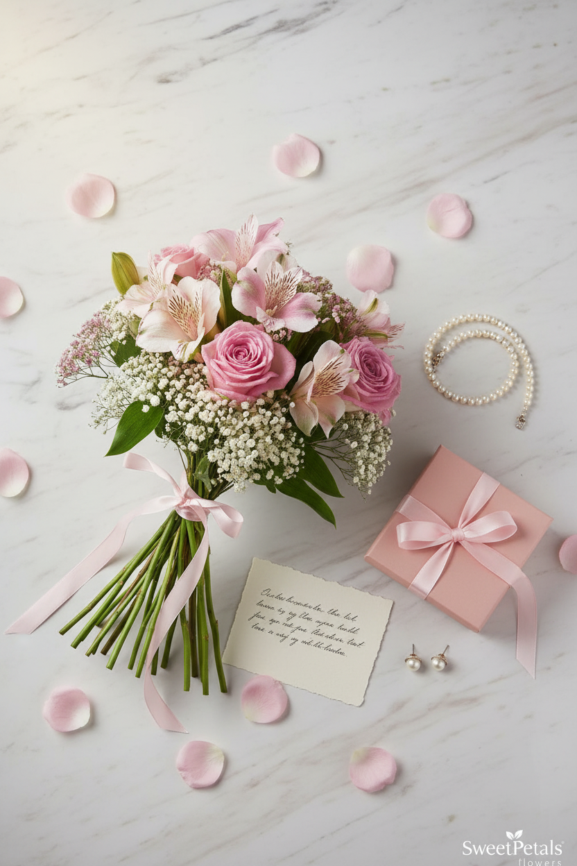 Flat lay pink alstroemeria and rose bouquet with blush gift box on marble – SweetPetals luxury pink flower gift delivery