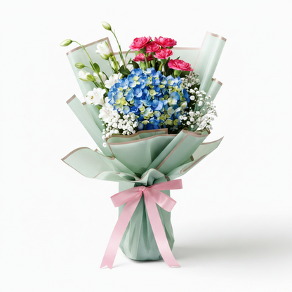 3D front view of blue hydrangea and pink carnation bouquet in sage green wrap – SweetPetals NYC florist