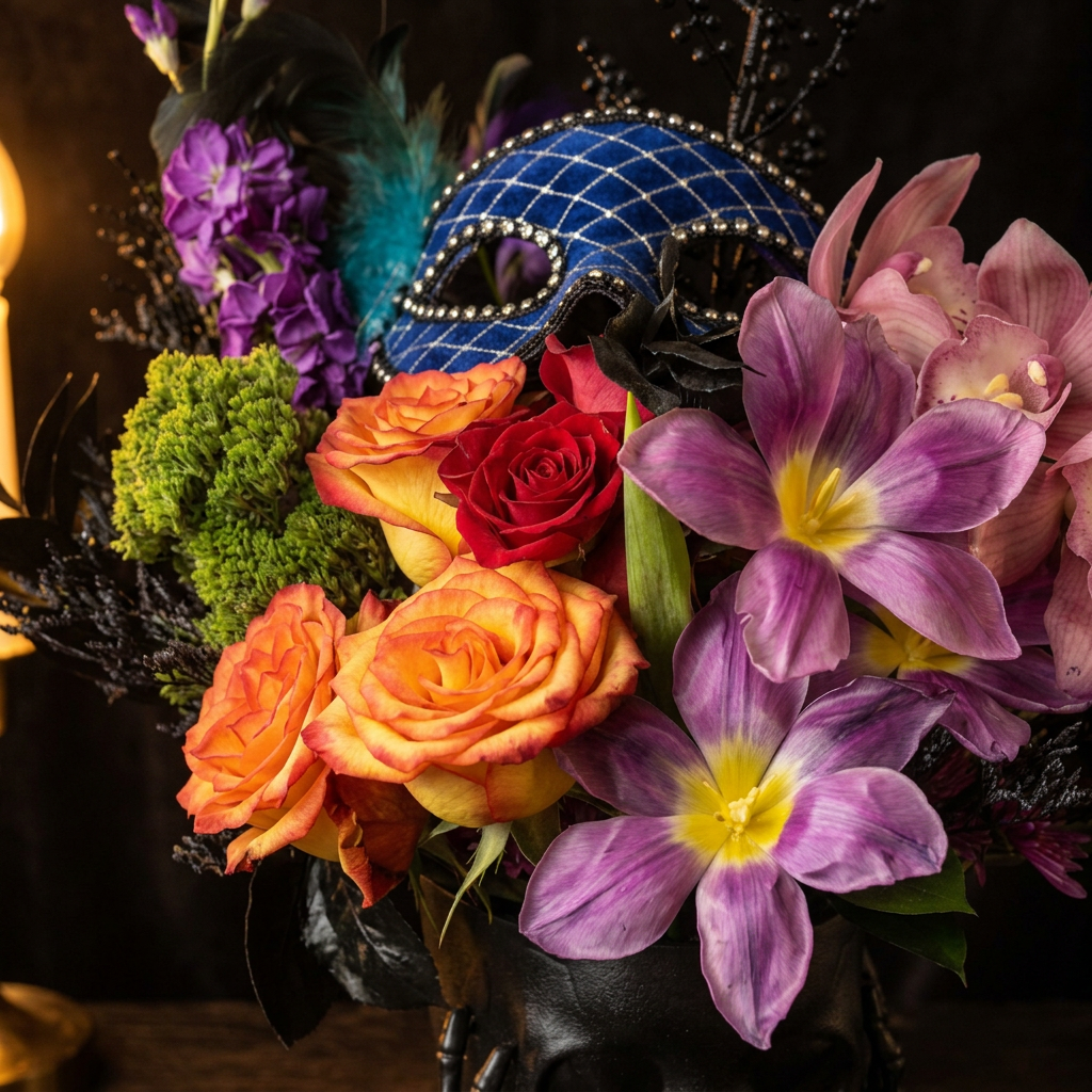 Close-up of roses, pink orchids and purple blooms in Halloween arrangement, SweetPetals Brooklyn USA