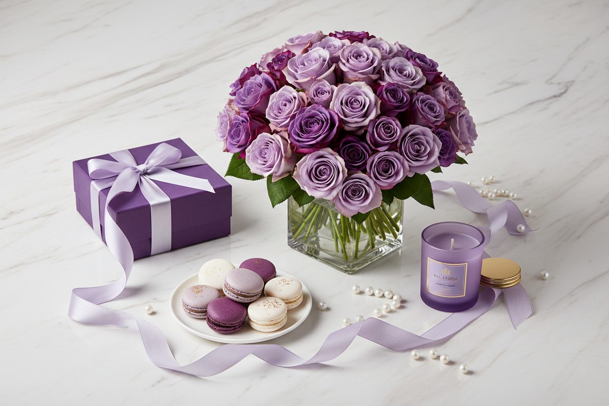 Purple rose bouquet flat lay with gift box and macarons – SweetPetals luxury flower delivery NYC