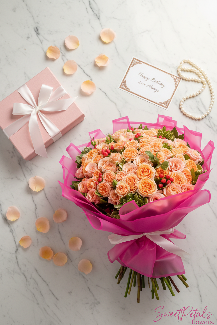 Flat lay peach and pink spray rose dome bouquet with pink gift box on marble – SweetPetals luxury 100-bloom birthday flower gift delivery