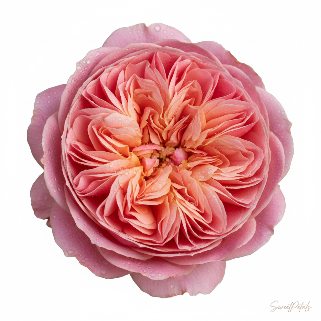 Single pink garden rose botanical portrait with deeply ruffled cupped petals in warm pink and peachy-pink tones on white background – SweetPetals luxury garden rose bloom