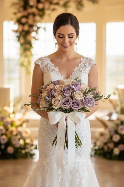 Bride holding mauve and champagne butterfly rose dome bouquet in luxury wedding venue – SweetPetals premium bridal flower bouquet New York