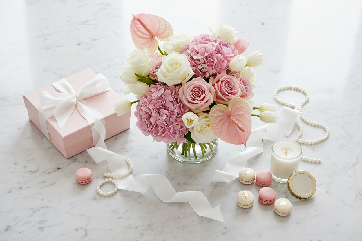 Pink and white bouquet flat lay with gift box and macarons – SweetPetals luxury flower delivery NYC