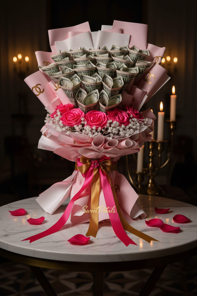 Elegant luxury money bouquet gift in candlelit luxury interior – SweetPetals premium designer cash flower bouquet