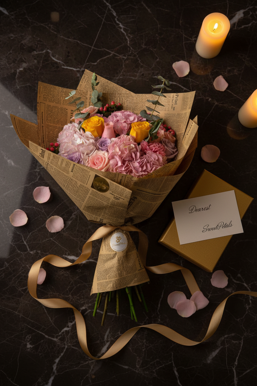 Flat lay garden party hydrangea rose bouquet with gold gift box on dark marble – SweetPetals flower gift delivery