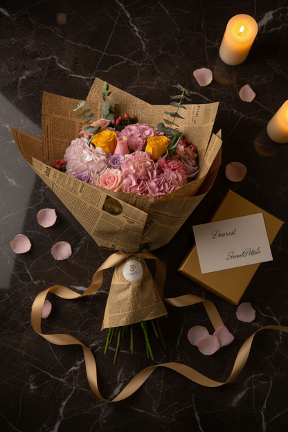 Flat lay garden party hydrangea rose bouquet with gold gift box on dark marble – SweetPetals flower gift delivery