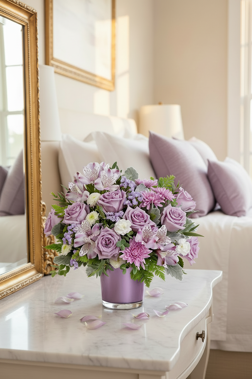 Lavender dream metallic vase arrangement on white marble vanity in bright luxury bedroom with gold mirror and lavender pillows – SweetPetals premium lavender rose chrysanthemum gift New York