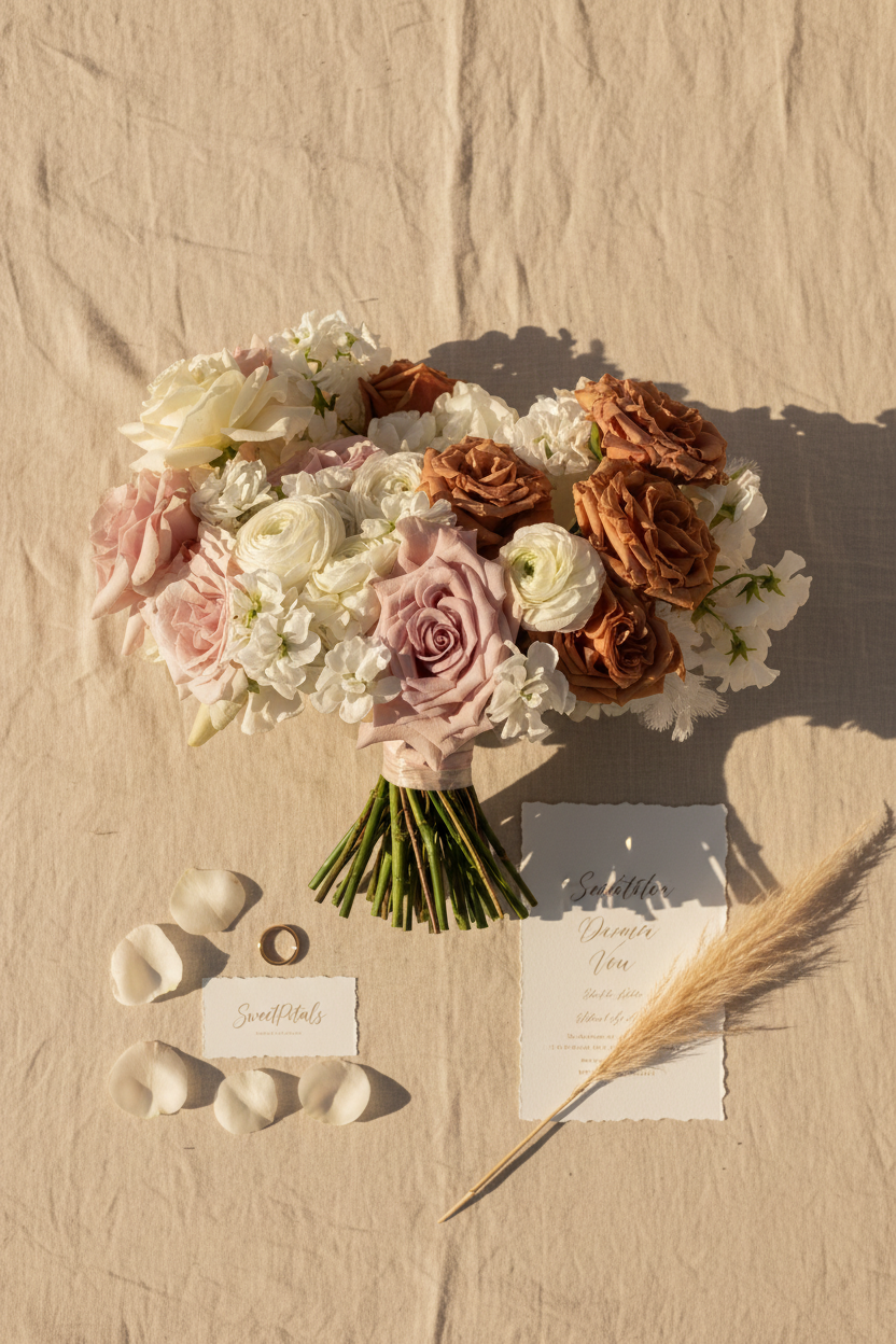 Flat lay sienna garden rose bridal bouquet with gold wedding band and pampas grass on cream linen – SweetPetals luxury terracotta mauve rose ranunculus boho wedding bouquet delivery