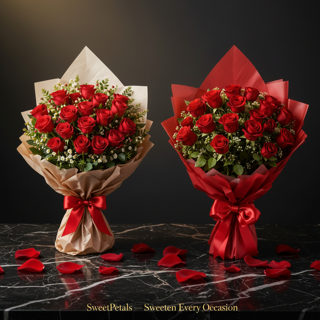 Eternal red rose luxury bouquet dual presentation on dark marble with golden spotlight and SweetPetals gold foil slogan – SweetPetals luxury deep red rose baby's breath Valentine's Day gift New York