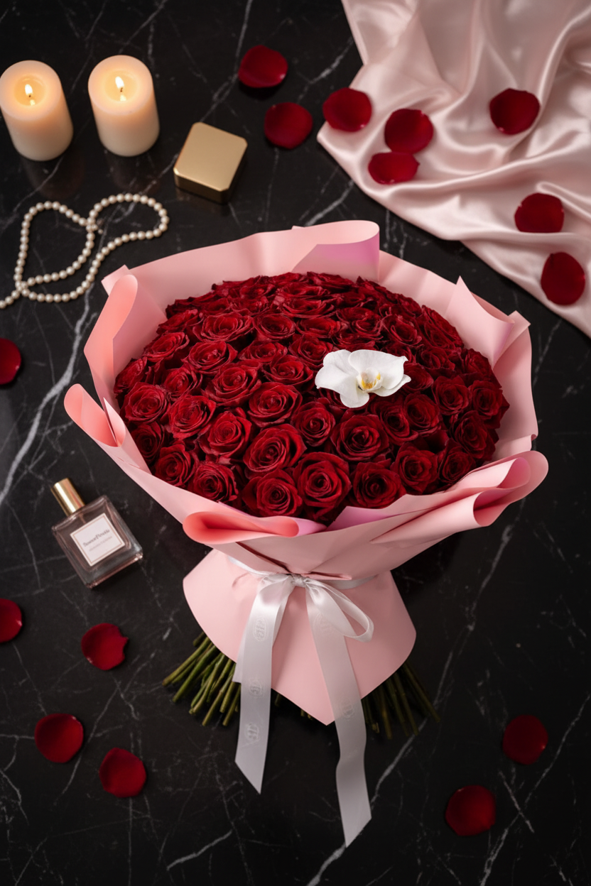 Flat lay 100 red rose bouquet with pearl necklace and perfume on dark marble – SweetPetals luxury romantic flower delivery