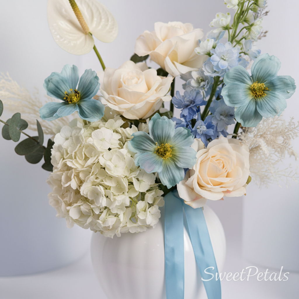 Close-up blue cosmos white hydrangea cream roses anthurium in ceramic vase – SweetPetals premium flowers NYC