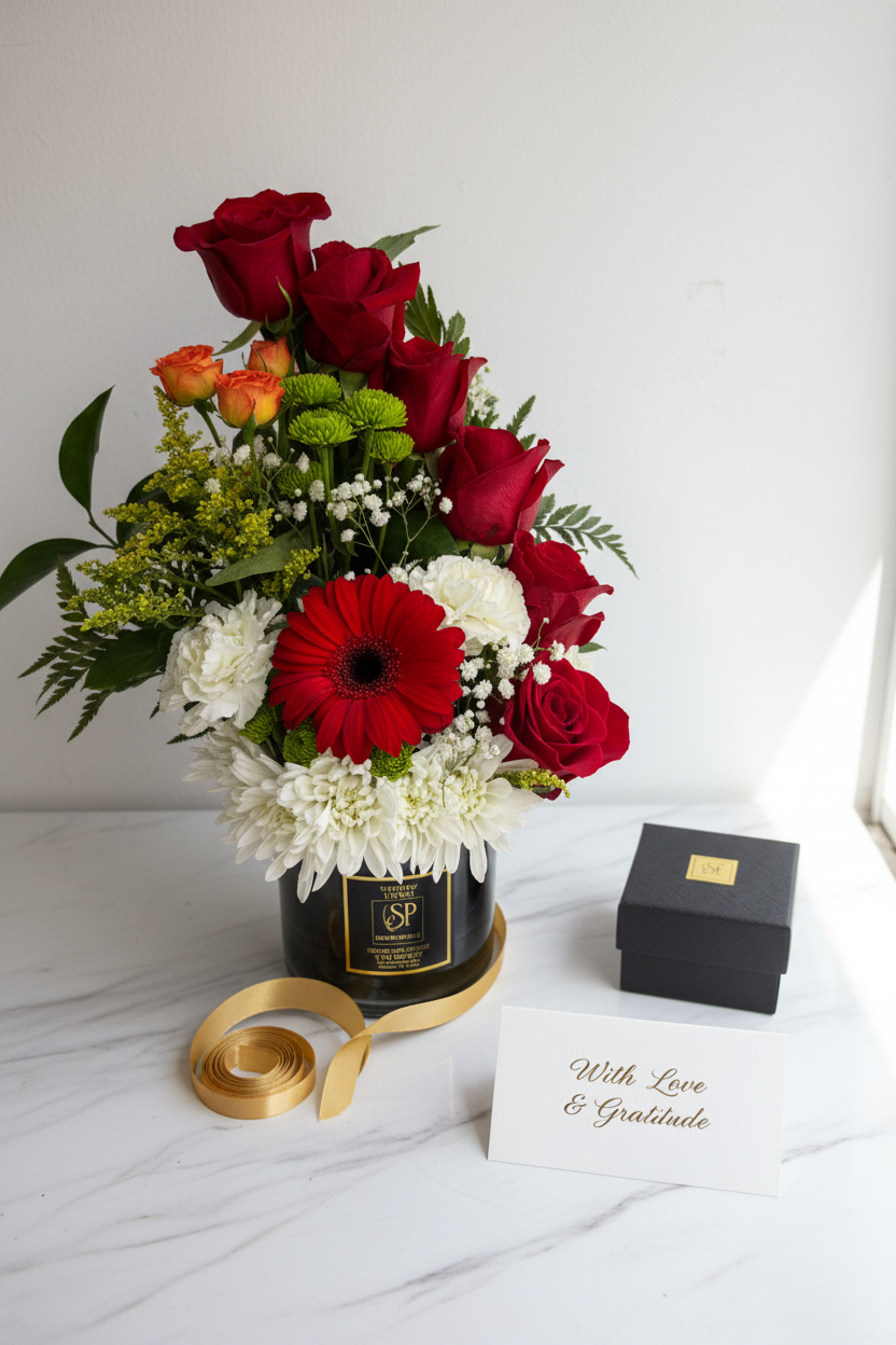 Flat lay luxury floral gift with red roses and white flowers on marble – SweetPetals flower gift delivery