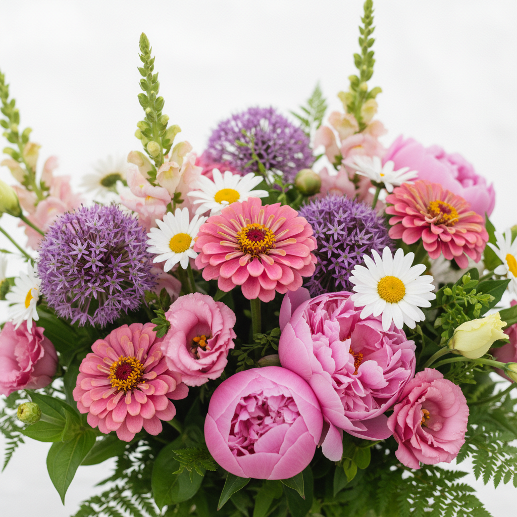 Close-up of May spring bouquet with pink zinnias, purple allium, peonies and white daisies luxury arrangement by SweetPetals NYC