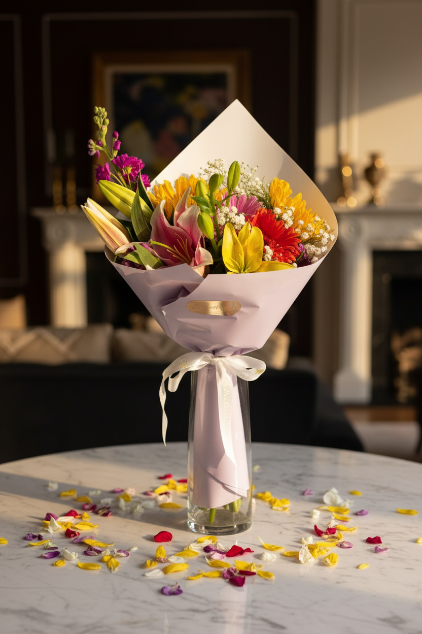 Elegant sunshine garden mixed bouquet in glass vase by window in luxury home – SweetPetals premium sunflower lily colorful flower gift New York