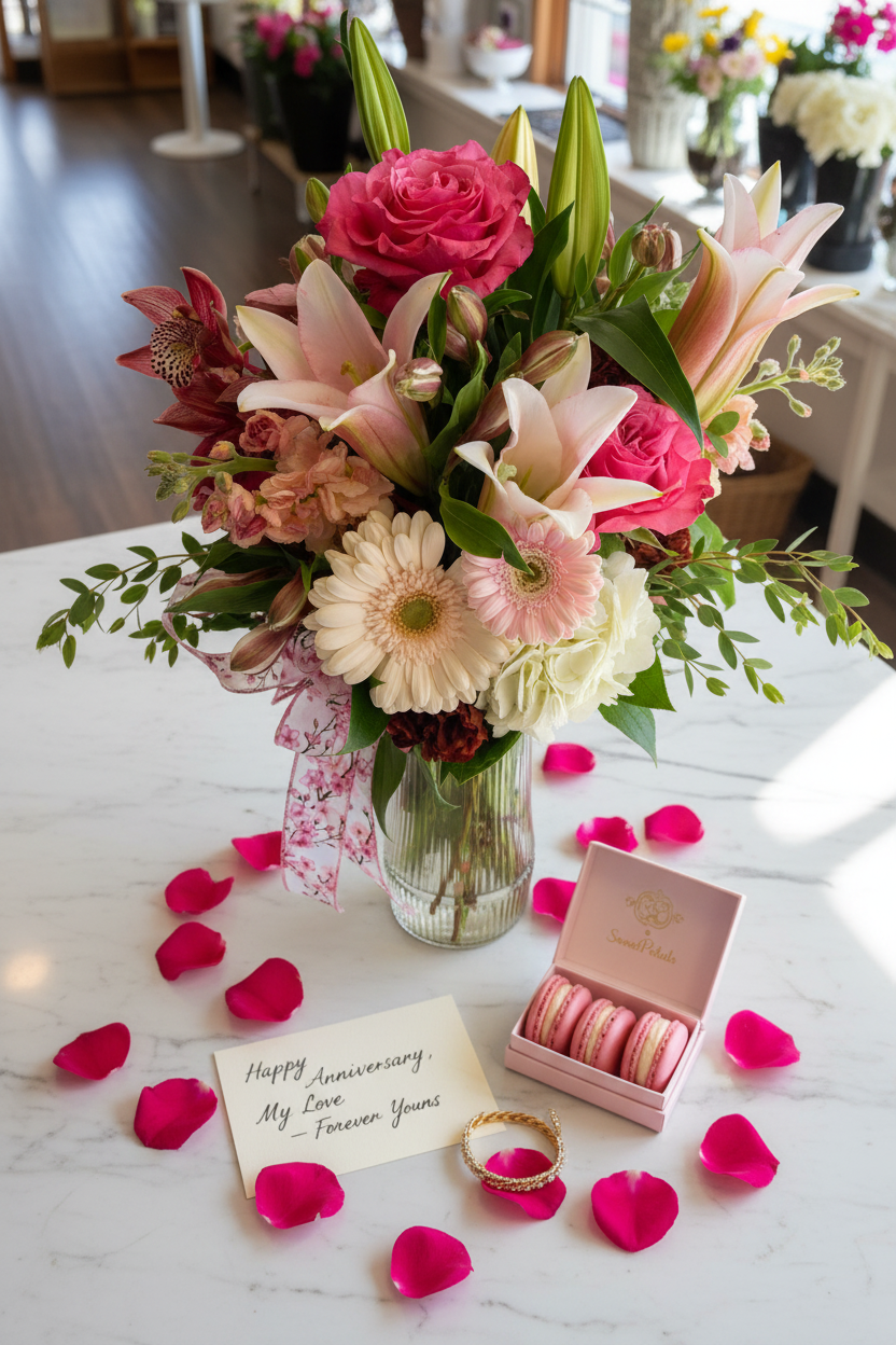 Romantic flat lay pink blossom romance vase arrangement with macaron box and gold bracelet on marble – SweetPetals luxury rose lily hydrangea anniversary gift delivery