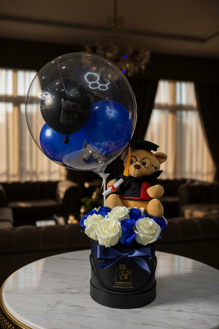 Elegant graduation teddy bear bubble balloon flower box on marble table – SweetPetals luxury graduation arrangement