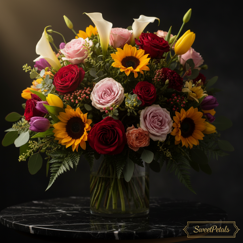 Close-up of red roses pink roses sunflowers white calla lilies yellow purple tulips and hypericum berries in clear glass vase on dark marble – SweetPetals rainbow garden luxury vase arrangement New York