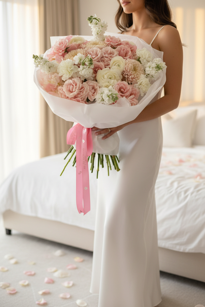 Woman in white silk dress holding blush cloud round bouquet in luxury bedroom with golden light – SweetPetals premium blush lisianthus ranunculus wedding bouquet New York