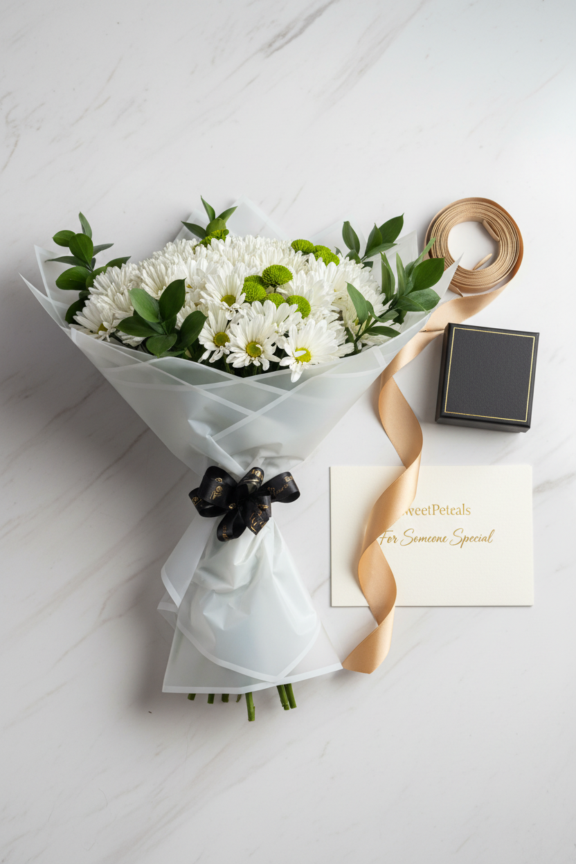 Flat lay white chrysanthemum bouquet with gift box on marble – SweetPetals luxury flower gift delivery
