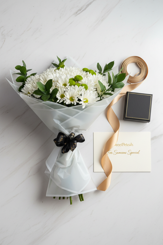 Flat lay white chrysanthemum bouquet with gift box on marble – SweetPetals luxury flower gift delivery