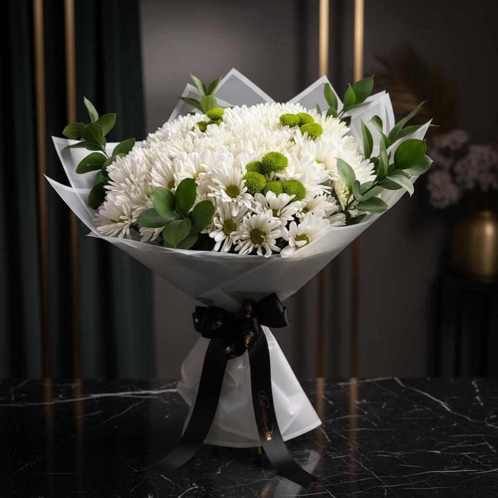 Close-up of white daisy mums and green button chrysanthemums with eucalyptus – SweetPetals premium bouquet