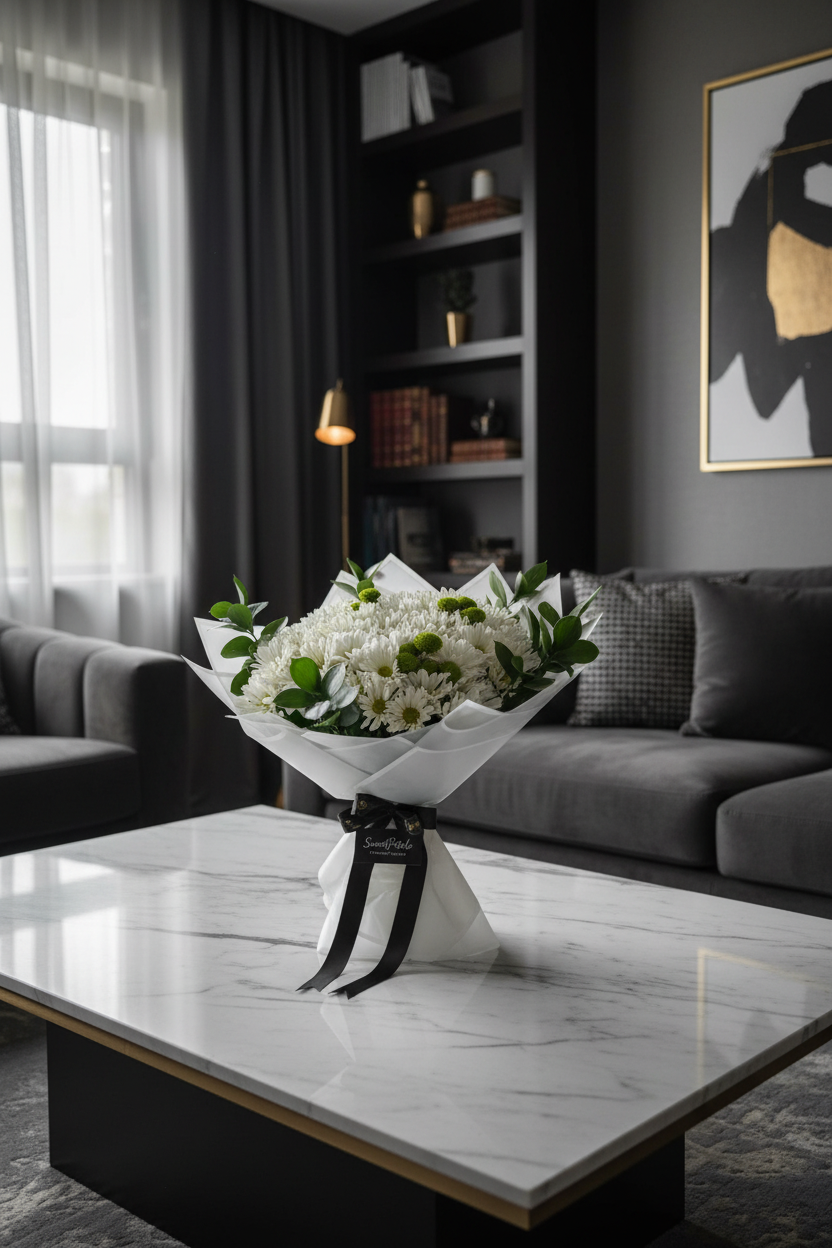 Elegant white chrysanthemum bouquet by window in luxury home setting – SweetPetals floral arrangement