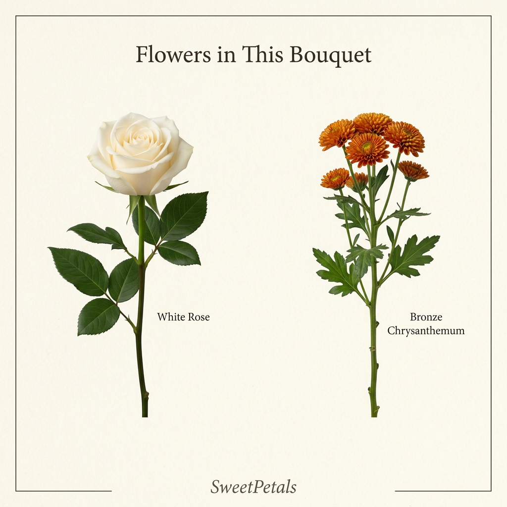 Separate white rose and bronze chrysanthemum flower identification guide, SweetPetals Brooklyn USA