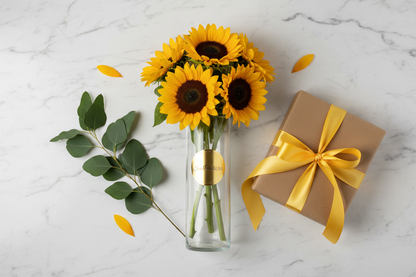 Flat lay sunflower cylinder vase arrangement with gift box — SweetPetals luxury flower gift USA