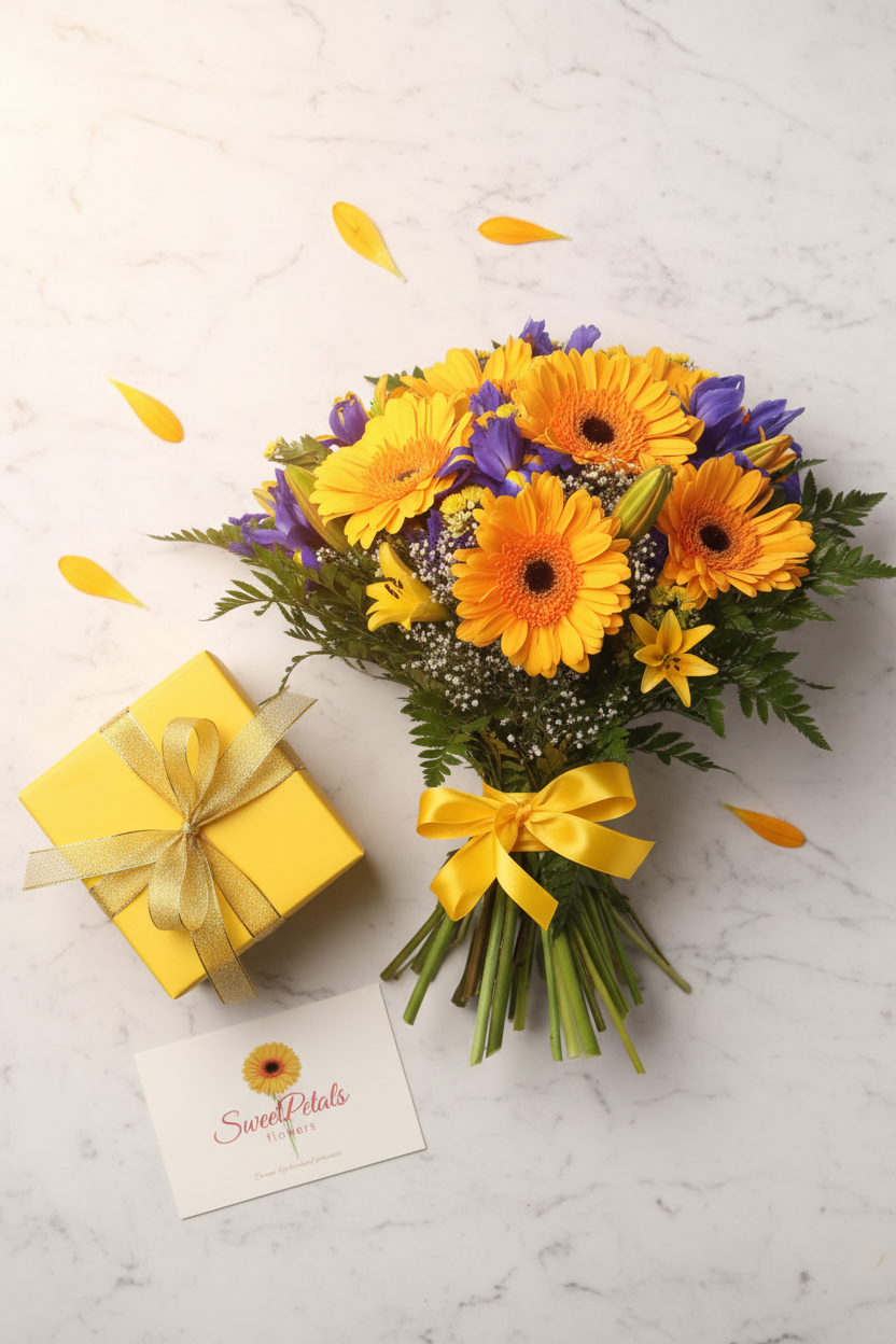 Flat lay spring gerbera iris lily bouquet with gift box on marble – SweetPetals flower gift delivery