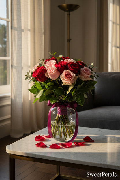 Elegant red and blush pink rose bouquet by window in luxury home – SweetPetals Her Majesty's premium floral gift