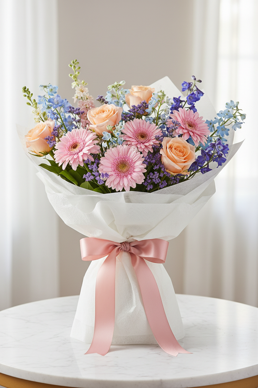 Radiant blooms pastel flowers assembled as hand-tied bouquet in white paper wrap – SweetPetals NYC florist