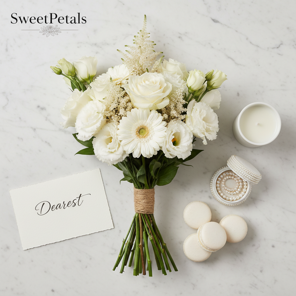 White bouquet flat lay with candle pearl jewelry macarons gift card – SweetPetals luxury gifting NYC